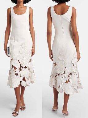 NWT LEO LIN Emily Appliqué Midi Dress Ivory Vanilla Size 4 Small $895 Romantic